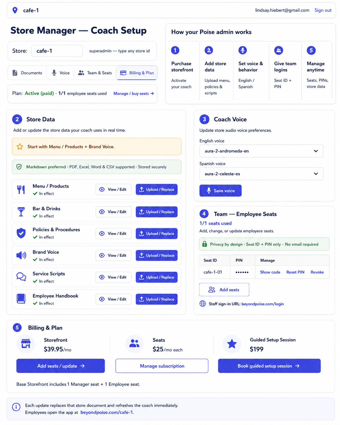 The Poise Store Manager — Coach Setup screen: a guided setup workflow, Store Data categories (menu, drinks, policies, brand voice, scripts, handbook), coach voice per language, employee seats, and billing — all in one simple manager interface.